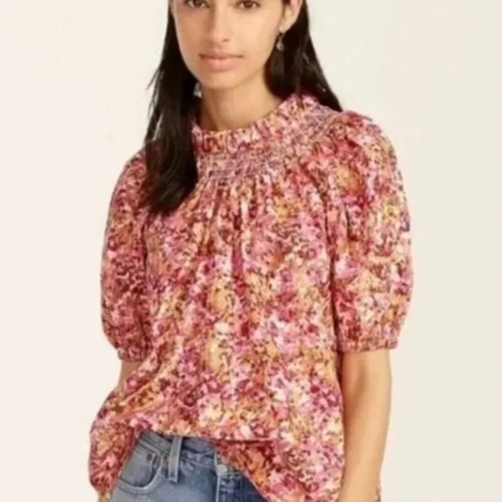 J. Crew Womens Blouse Size 3X Pink Floral Cotton Smocked Puff Sleeve Cottagecore